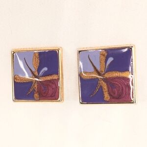 Vintage Purple Violet Earrings, Expressionist Lilies Design, Enamel Squa…